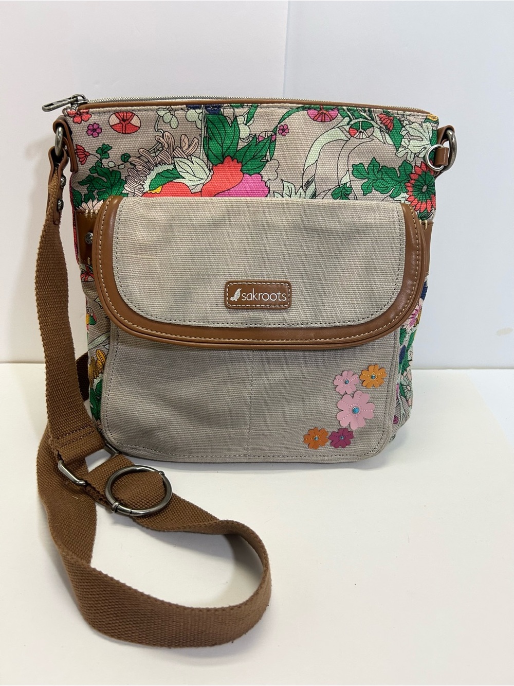 Sakroots Floral Flap Crossbody Bag canvas pink beige zipper